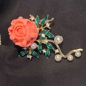 Pink Resin Crystal Faux Pearl Leaf Flower Brooch #206111203596